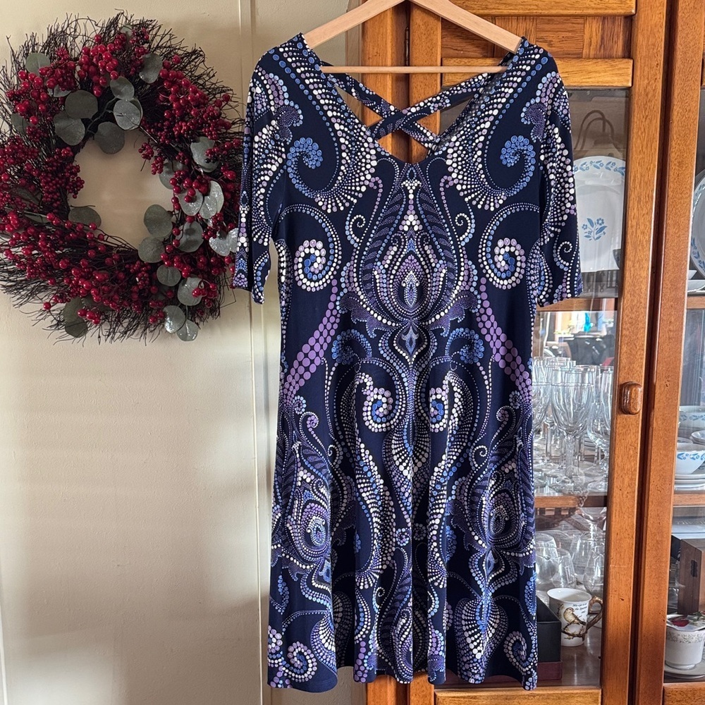 Chico's Navy and Purple Paisley Crisscross-Back Midi Dress Size 0
